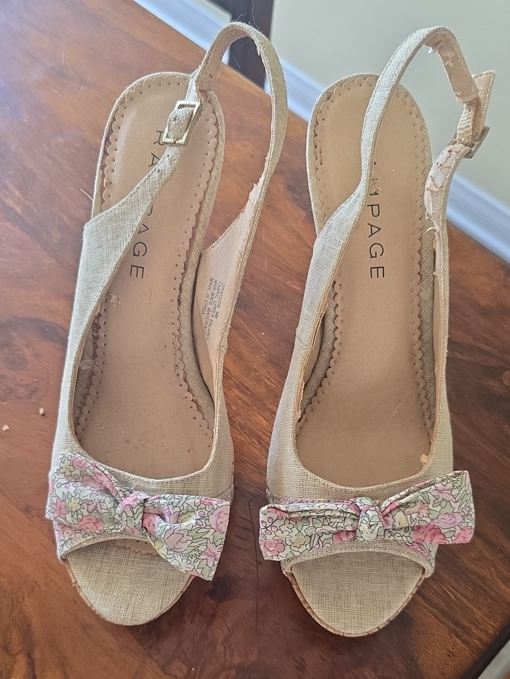 Rampage Beige Slingback Wedges with Pink Floral Bow